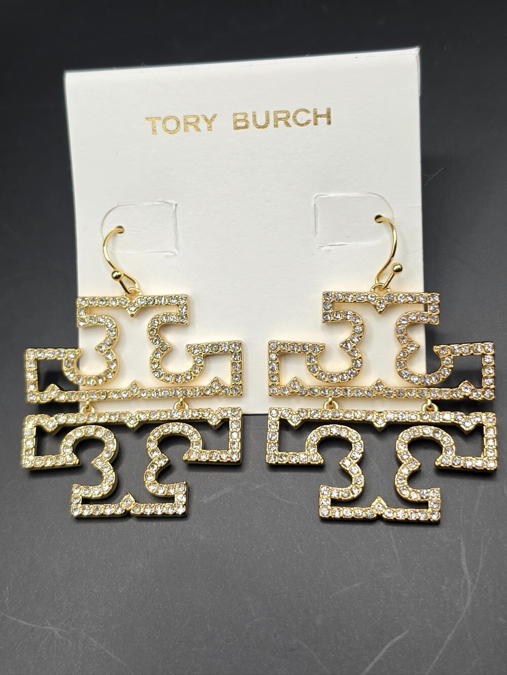 Tory Burch Gold Britten Crystal Double-Stack Logo Drop Earrings